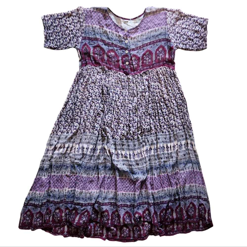 Vintage 70s Indian Cotton Gauze Maxi Dress Block Floral Print Hippy Boho Sz M